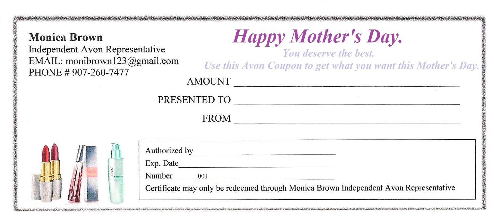 Avon Gift Certificate Avon Beauty Rep Monica